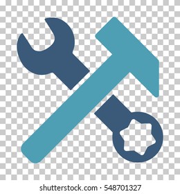 Cyan And Blue Hammer and Wrench interface toolbar pictogram. Vector pictograph style is a flat bicolor symbol on chess transparent background.