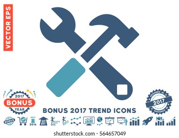 Cyan And Blue Hammer And Wrench pictogram with bonus 2017 year trend pictograms. Vector illustration style is flat iconic bicolor symbols, white background.