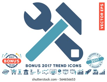 Cyan And Blue Hammer And Wrench pictograph with bonus 2017 year trend pictograms. Vector illustration style is flat iconic bicolor symbols, white background.