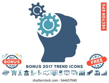 Cyan And Blue Head Cogs Rotation pictogram with bonus 2017 year trend pictograph collection. Vector illustration style is flat iconic bicolor symbols, white background.