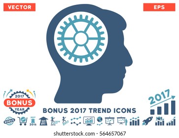 Cyan And Blue Head Cogwheel pictogram with bonus 2017 trend pictures. Vector illustration style is flat iconic bicolor symbols, white background.