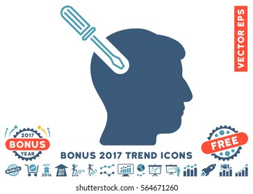 Cyan And Blue Head Surgery Screwdriver icon with bonus 2017 year trend pictograph collection. Vector illustration style is flat iconic bicolor symbols, white background.