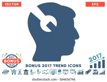 Cyan And Blue Head Surgery Wrench pictogram with bonus 2017 trend pictograms. Vector illustration style is flat iconic bicolor symbols, white background.