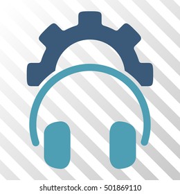 Cyan And Blue Headphones Configuration Gear interface icon. Vector pictograph style is a flat bicolor symbol on diagonal hatch transparent background.