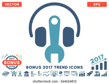 Cyan And Blue Headphones Tuning Wrench pictograph with bonus 2017 trend pictograms. Vector illustration style is flat iconic bicolor symbols, white background.