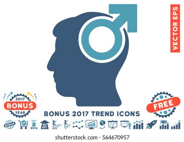 Cyan And Blue Intellect Potency pictogram with bonus 2017 trend icon set. Vector illustration style is flat iconic bicolor symbols, white background.
