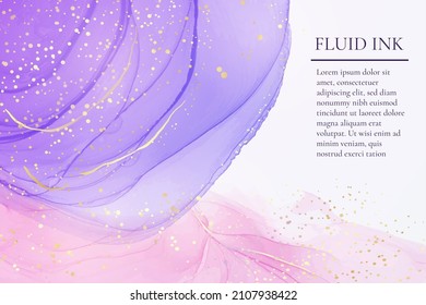 Cyan blue and lavender liquid marble background with gold stripes and glitter dust. Pastel pink violet watercolor drawing effect. Vector illustration backdrop for wedding invitation, rsvp, menu.