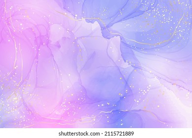 Fondo de mármol líquido azul cian y lavanda con rayas doradas y polvo de brillo. Efecto de dibujo de color rosa violeta pastel. Fondo de ilustración vectorial para invitación de boda, rsvp, menú.