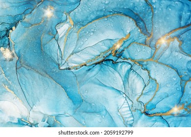 Cyan blue liquid watercolor background with golden stains. Teal turquoise marble alcohol ink drawing effect. Vector illustration design template for wedding invitation, menu, rsvp.