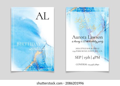 Cyan blue liquid watercolor background with golden stains. Teal turquoise marble alcohol ink drawing effect. Vector illustration design template for wedding or birthday party invitation.