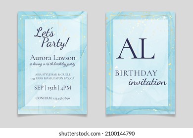 Cyan blue liquid watercolor background with golden stains. Teal turquoise marble alcohol ink drawing effect. Vector illustration design template for wedding or birthday party invitation.