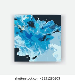 Cyan blue liquid watercolor background with golden stains. Teal turquoise marble alcohol ink drawing effect