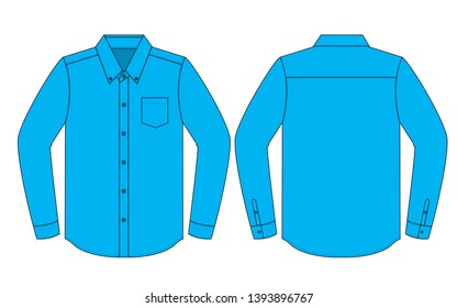 Cyan Blue Long Sleeve Dress Shirt With One Pocket Template On White Background.Front and Back View, Vector File