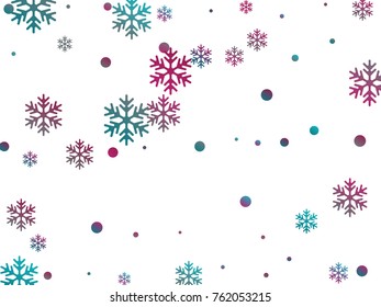 Cyan blue, magenta and grey snow flakes falling on white winter vector background. Snowflake elements vector illustration, confetti chaotic scatter winter poster or banner background.