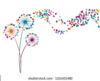 Cyan blue magenta yellow vector dandelion herbs, meadow flowers illustration. Floral windy background with dandelion blowing plant. Flowers with heart shaped feather flying. Meadow blossom.