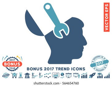 Cyan And Blue Mind Wrench Surgery icon with bonus 2017 year trend images. Vector illustration style is flat iconic bicolor symbols, white background.