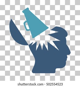 Cyan And Blue Open Brain Megaphone interface toolbar pictogram. Vector pictogram style is a flat bicolor symbol on chess transparent background.