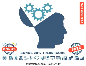 Cyan And Blue Open Mind Gears pictograph with bonus 2017 trend design elements. Vector illustration style is flat iconic bicolor symbols, white background.