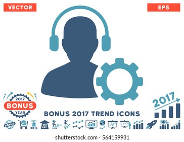 Cyan And Blue Operator Configuration Gear pictogram with bonus 2017 trend pictograph collection. Vector illustration style is flat iconic bicolor symbols, white background.