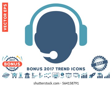 Cyan And Blue Operator Head pictogram with bonus 2017 trend icon set. Vector illustration style is flat iconic bicolor symbols, white background.