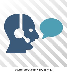 Cyan And Blue Operator Message Balloon interface toolbar pictogram. Vector pictogram style is a flat bicolor symbol on diagonal hatch transparent background.