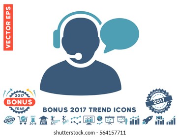 Cyan And Blue Operator Message icon with bonus 2017 trend pictures. Vector illustration style is flat iconic bicolor symbols, white background.