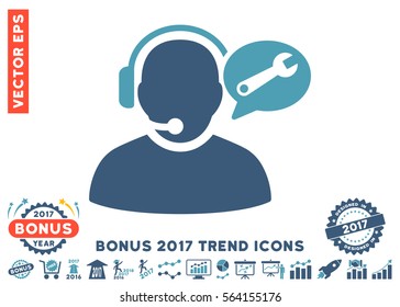 Cyan And Blue Operator Service Message icon with bonus 2017 year trend pictograms. Vector illustration style is flat iconic bicolor symbols, white background.