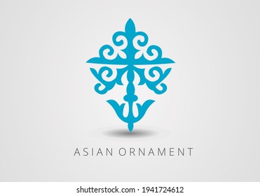 Cyan blue ornate linear ornaments in Kazakh traditional style. Asian floral designs. Abstract Asian elements of the national pattern of the ancient nomads of the Kyrgyz, Mongols, Kazakhs, Tatars. 