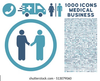Cyan And Blue Persons Agreement vector bicolor rounded icon. Image style is a flat icon symbol inside a circle, white background. Bonus clipart is 1000 medical business design elements.
