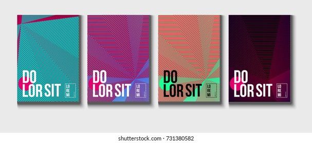 Cyan blue, pink magenta purple and red green halftone covers vector template with lines. Vector journal design geometric shape background set, halftone lines hipster pattern abstract covers collection