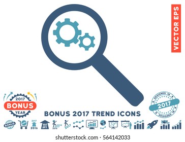 Cyan And Blue Search Gears Tool icon with bonus 2017 year trend images. Vector illustration style is flat iconic bicolor symbols, white background.