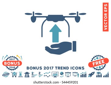 Cyan And Blue Send Drone Hand pictograph with bonus 2017 year trend elements. Vector illustration style is flat iconic bicolor symbols, white background.