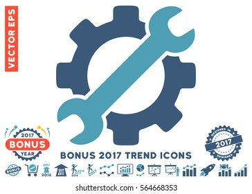 Cyan And Blue Service Tools pictograph with bonus 2017 year trend icon set. Vector illustration style is flat iconic bicolor symbols, white background.