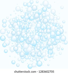 Cyan blue soap foam bubbles vector concept, abstract shampoo soapy effect background. Water and detergent foam bubbles illustration. Circle blue elements background for hygiene cosmetics soap shampoo