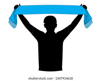 Cyan Blue Soccer Scarf With Men Cheering Template Vector.