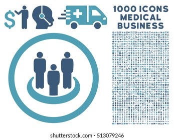 Cyan And Blue Social Group vector bicolor rounded icon. Image style is a flat icon symbol inside a circle, white background. Bonus clip art has 1000 medicine business pictograms.