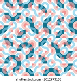 Diseño de repetición de vector Truchet azul ciano y rojo suave. Patrón geométrico para papeles pintados, fondos de páginas web, texturas superficiales, tela de moda, diseño de alfombras, cortinas y decoración casera.