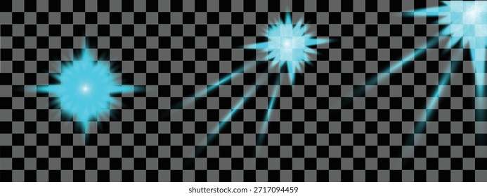Rayos de luz de estallido estelar azul cian con efecto de brillo brillante aislado sobre fondo transparente