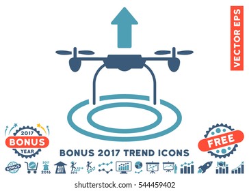 Cyan And Blue Start Drone icon with bonus 2017 year trend icon set. Vector illustration style is flat iconic bicolor symbols, white background.
