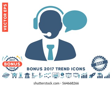 Cyan And Blue Support Manager Message icon with bonus 2017 year trend symbols. Vector illustration style is flat iconic bicolor symbols, white background.