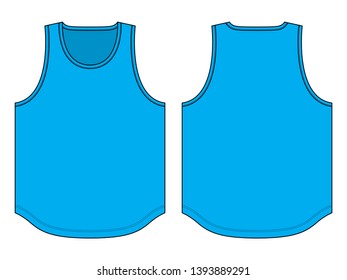 Cyan Blue Tank Top With Curve Hem Template On White Background.Front And Back View, Vector File.