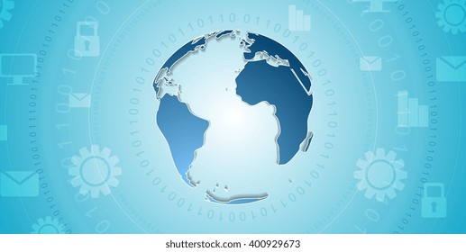 Cyan blue tech abstract background with globe and networking icons. Vector technology concept drawing design