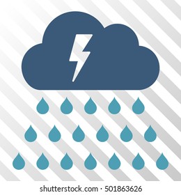 Cyan And Blue Thunderstorm Rain Cloud interface pictogram. Vector pictograph style is a flat bicolor symbol on diagonal hatch transparent background.