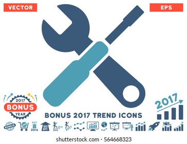 Cyan And Blue Tools icon with bonus 2017 year trend pictures. Vector illustration style is flat iconic bicolor symbols, white background.
