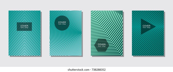 Cyan blue and turquoise halftone covers vector template with lines. Vector journal design geometric shape background set, halftone lines hipster pattern abstract business covers collection.