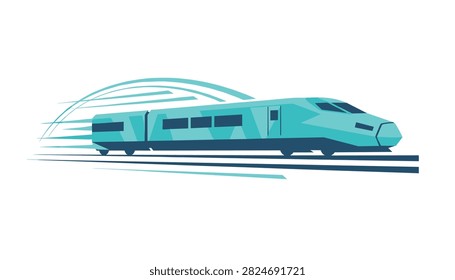 Cyan bullet train speeding with motion blur lines on white background.