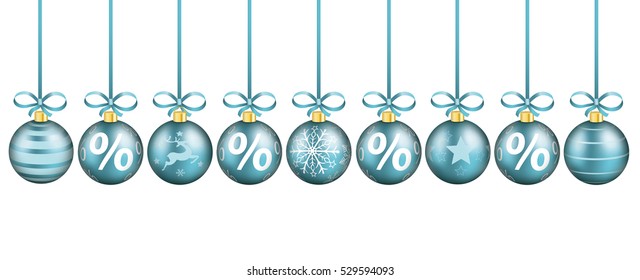 Cyan christmas baubles with ribbons and percents on the white background. Eps 10 vector file.