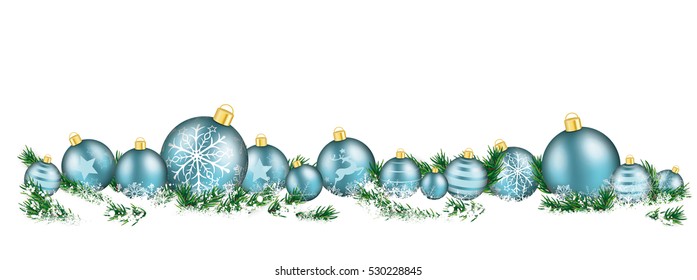 Cyan christmas baubles with twigs in the snow. Eps 10 vector file.