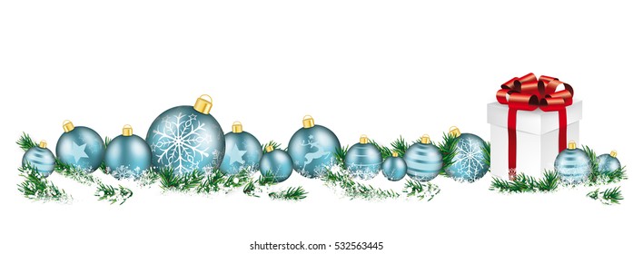 Cyan christmas baubles with twigs in the snow. Eps 10 vector file.