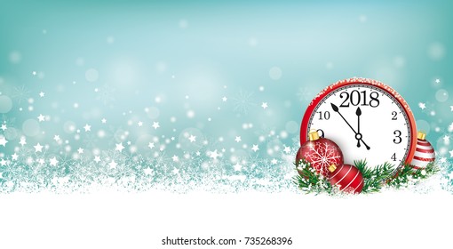 Cyan christmas header with snow, clock and stars on the bokeh background. Eps 10 vector file.